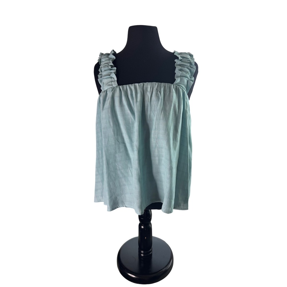 Light Blue Ruffle Strap Tie Back Textured Tank Top Square Neck Sleeveless Blouse